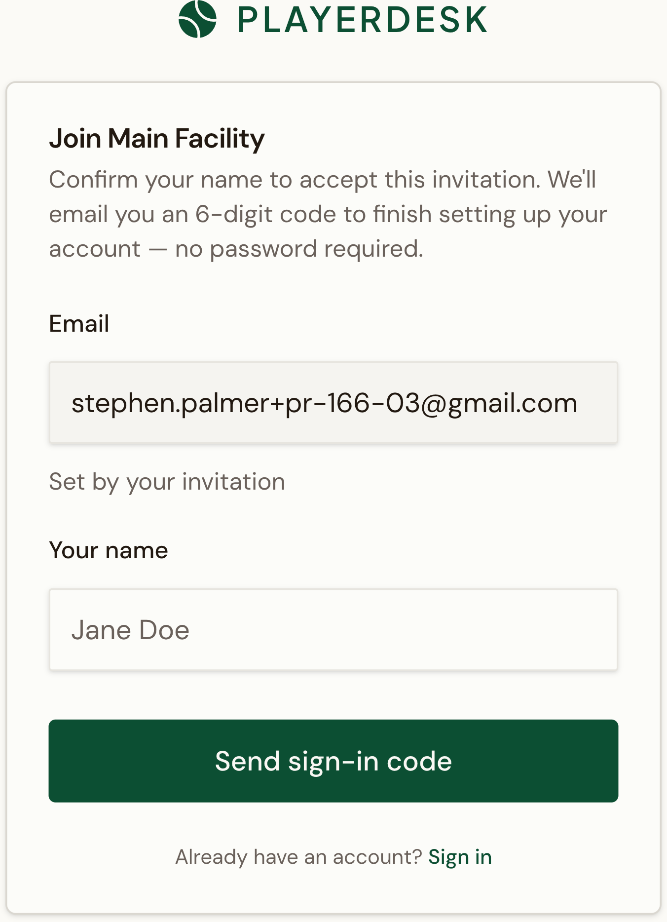 PlayerDesk invitation acceptance screen for a new member.