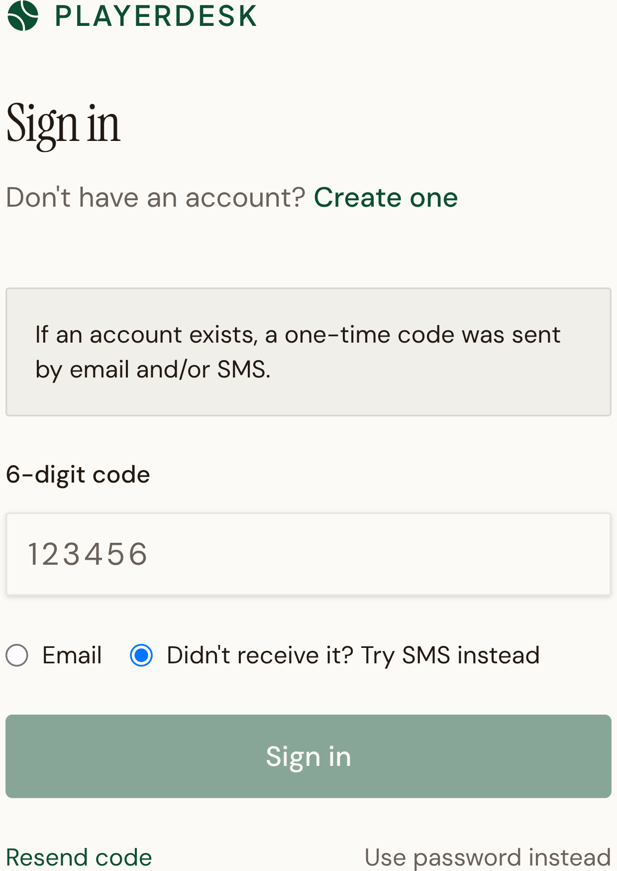 PlayerDesk login code screen showing the option to try SMS instead of email.