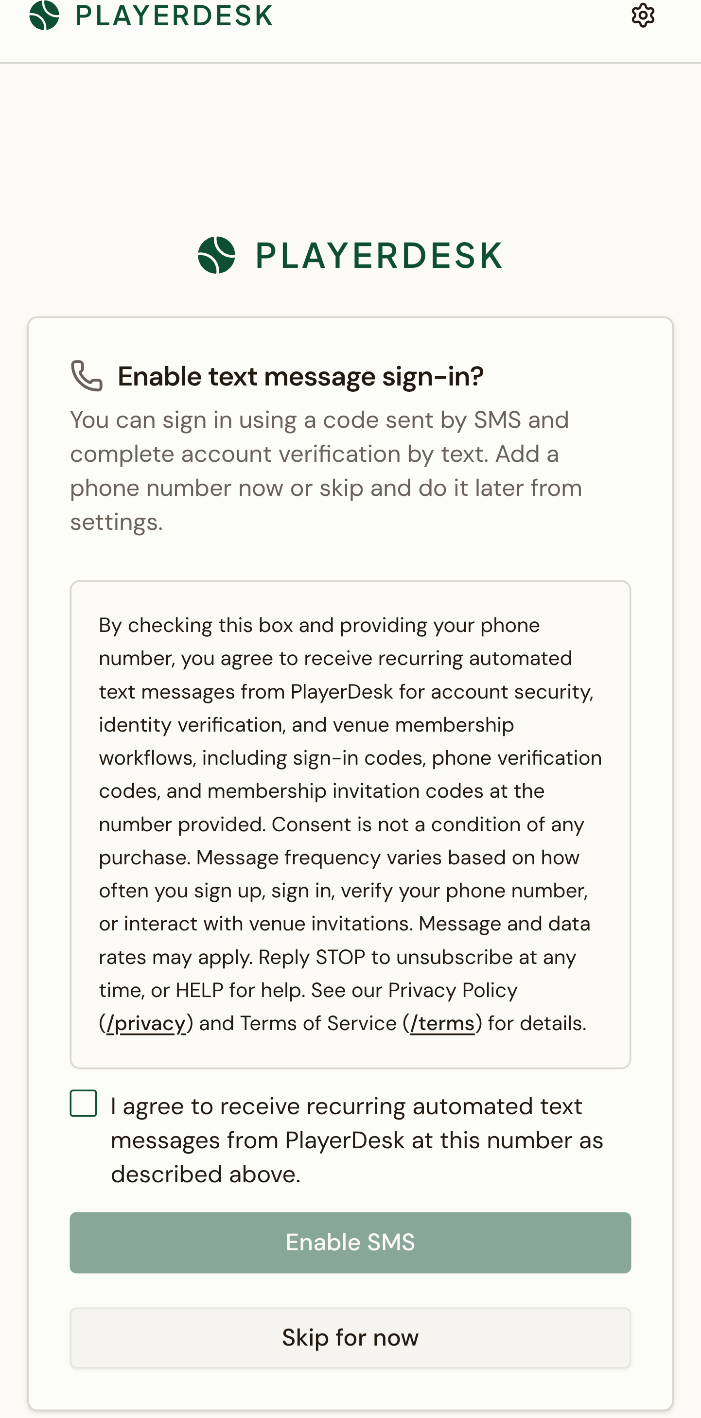PlayerDesk welcome flow showing the SMS disclosure and consent checkbox.