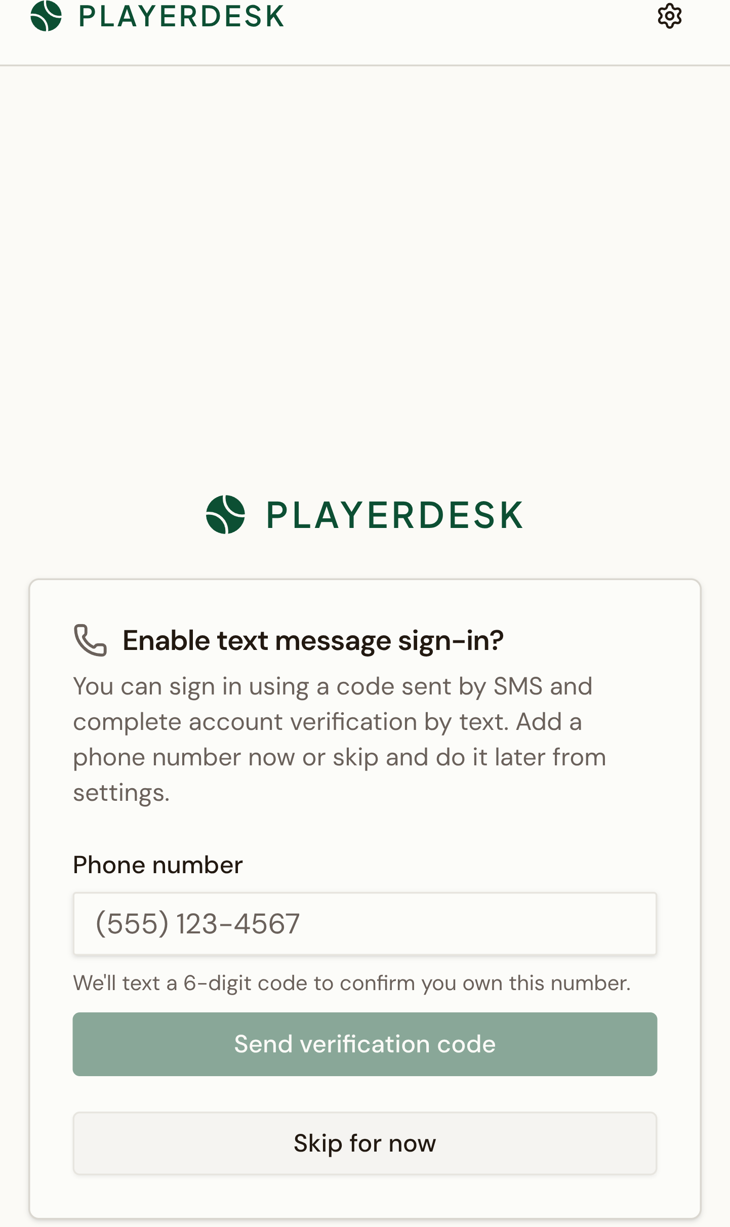 PlayerDesk welcome flow asking the member to add a mobile number for SMS sign-in.