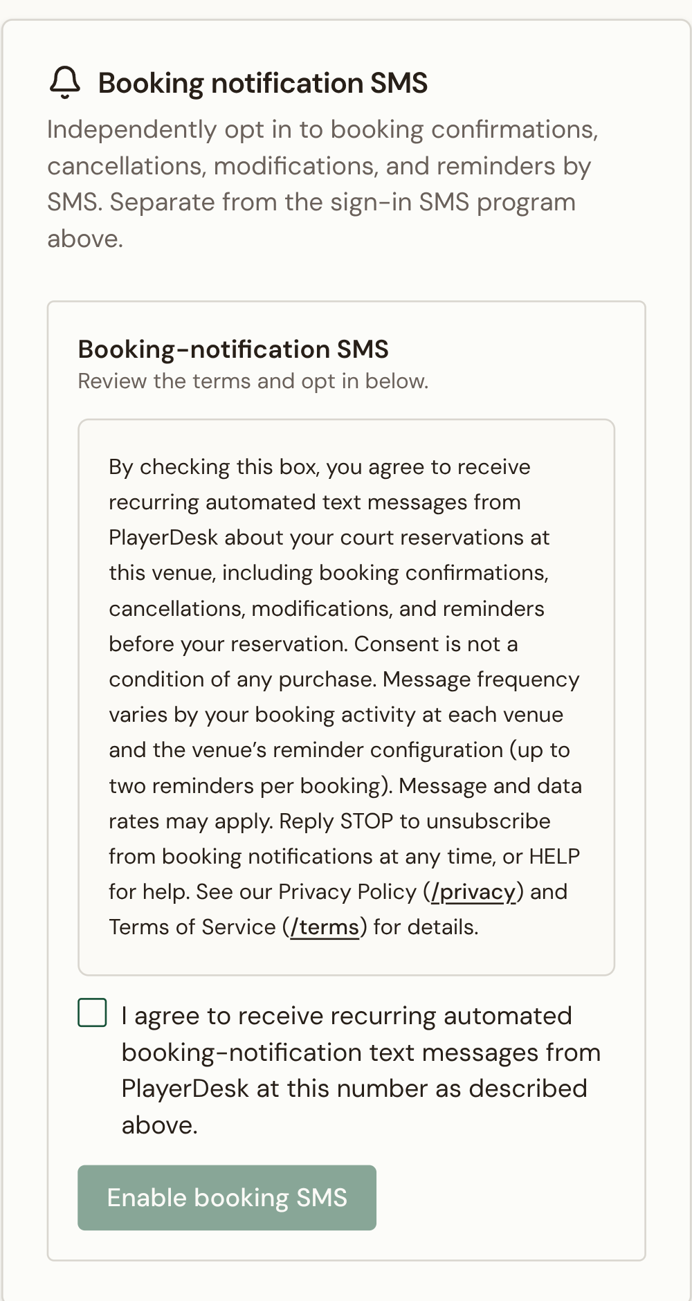 PlayerDesk member settings showing the booking-notification SMS disclosure and consent checkbox.