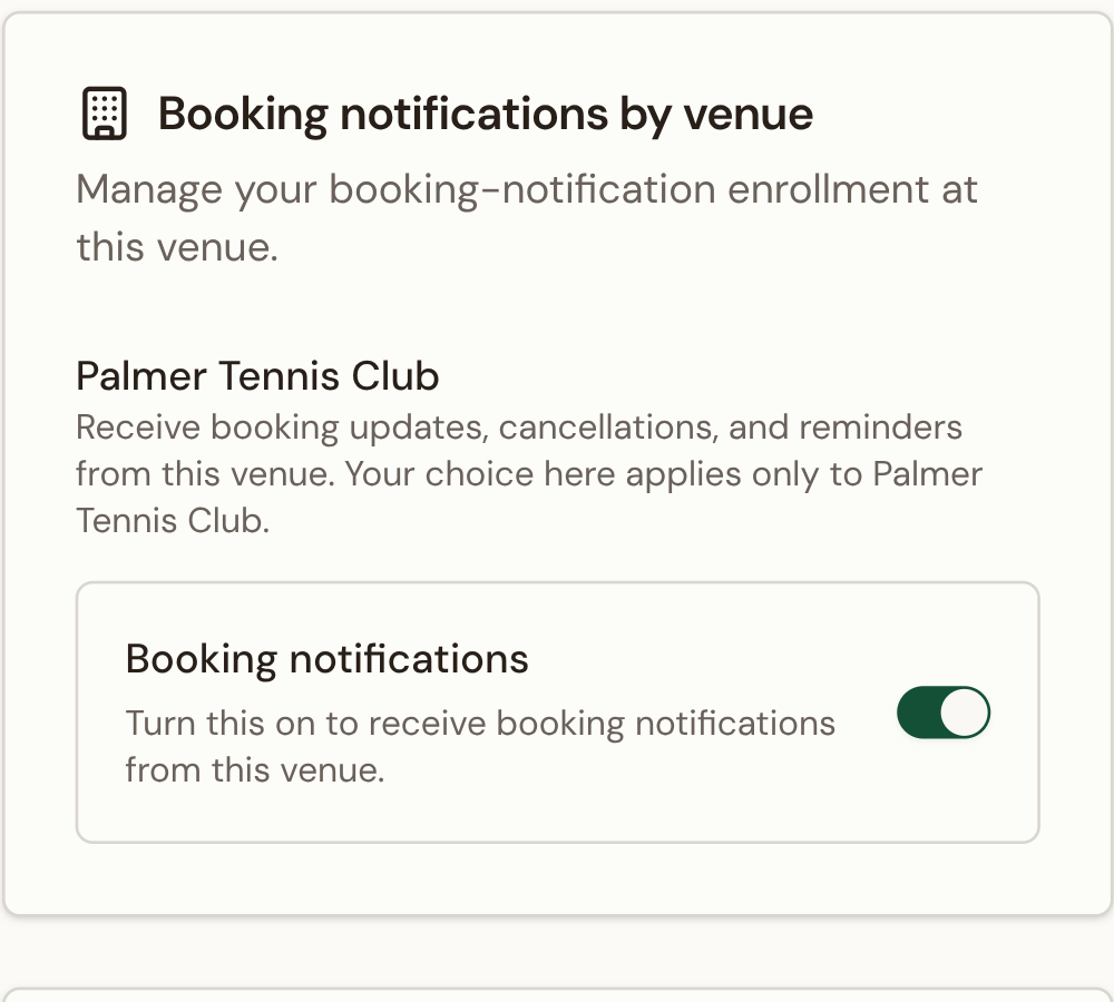 PlayerDesk member settings per-venue booking-notification override card.